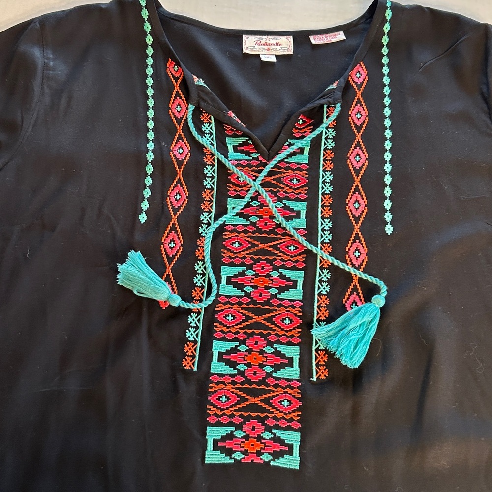 Panhandle Slim Women’s V-Neck Tie Boho Embroidered S/S Blk Tunic Top. Sz XXL - Picture 5 of 11
